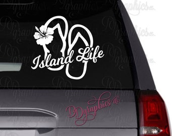 Island Life Vinyl Decal, Flip Flops with Hibiscus Sticker, Car window Decal, Hibiscus Flower, FlipFlops, Summertime, Tropical, Beach, Gift