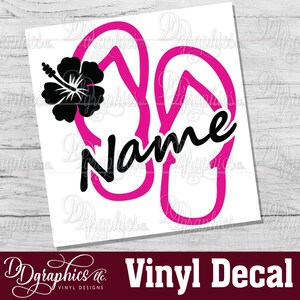 Personalized Flip Flop Hibiscus with Name Vinyl Decal, Custom FlipFlop Sticker, Car window Decal, Summertime, Hawaiian Flower, Tropical Gift