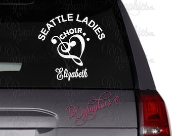 Choir Personalized Vinyl Decal, Custom Choir Sticker, Choir Name, Car window Decal, Music, Chorus, Sing,  Treble Clef heart, School Gift