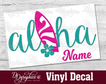 Aloha Surfboard Personalized Vinyl Decal, Custom Surfboard Sticker with Name, Car window Decal, Hawaiian flower, Hawaii Decal, Gift, Tropics