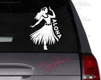 Hula Dancer Aloha Vinyl Decal, Hula Girl Sticker, Car window Decal, Hibiscus Flower, Hawaiian, Summertime, Tropical, Lei, Gift