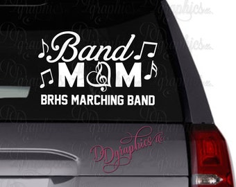 Band Mom Personalized Vinyl Decal, Custom Band Mom Sticker, Marching Band Name, Car window Decal, Music Notes, treble clef heart, Mom Gift