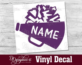 Cheerleading Personalized Vinyl Decal, Custom Cheerleader Sticker with Name, Megaphone, Car Window Decal, Cheer Team, Pompom, Mom Gift