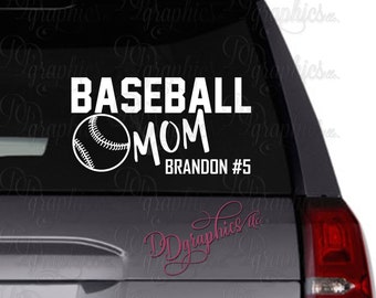 May include: White vinyl decal with the text "Baseball Mom" and a baseball graphic. The text "Brandon #5" is below the main text.