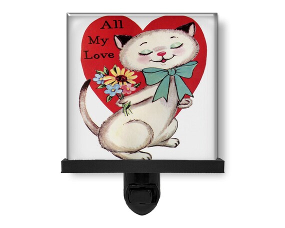 Details about   Valentine's Day All My Love Retro Cat with Flowers Vintage Style Night Light 