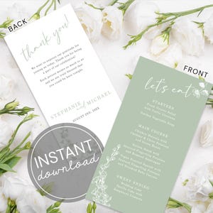 Wedding Menu Card Template Floral Design Sage Green Pattern Editable Dinner Menu Thank You Card Instant Download Green Floral Table Decor