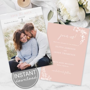 Wedding Save the Date Template Floral Design Rose Gold Custom Editable Photo Card Instant Download Blush Pink Save Our Date Photo Invitation