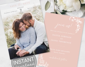 Wedding Save the Date Template Floral Design Rose Gold Custom Editable Photo Card Instant Download Blush Pink Save Our Date Photo Invitation