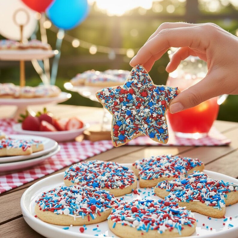 Star shaped sugar cookies and round cookies decorated with red white and blue galaxy sprinkles at an outdoor summer party. Luxury Birthday Sprinkles Custom Sprinkles Cake Sprinkles Cupcake Décor Rocket Birthday Décor Space Sprinkles