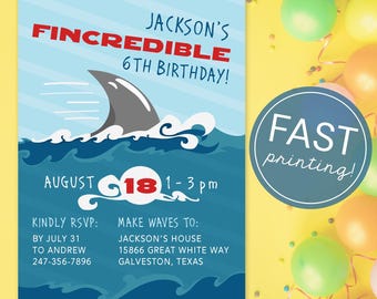 May include: A birthday party invitation with a shark theme. The invitation features a shark fin emerging from blue waves, with the text "FINCREDIBLE 6TH BIRTHDAY!" and event details. The invitation also includes RSVP information.