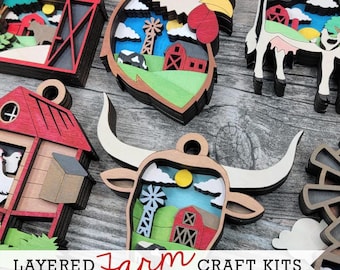 DIY Layered Farm Animals Craft Kit – 3D Wood Barn Tractor Cow Painting Activity – Peel and Stick Kids Birthday Party Favor, Farmhouse Decor