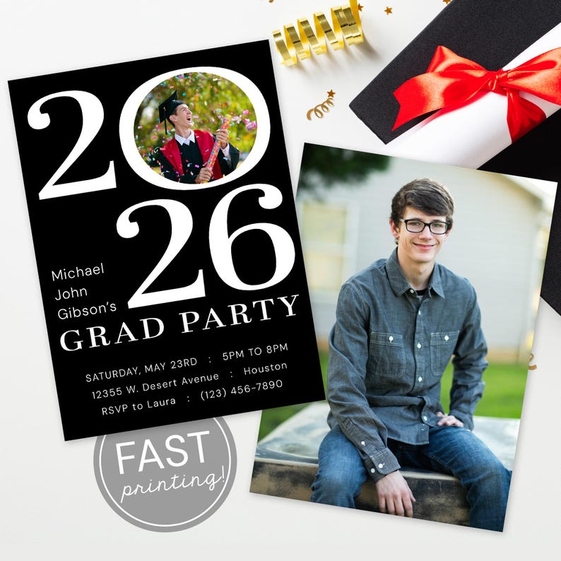 Grad Card Front Layout Class of 2026 Grad Party Invitation With Photo, Modern Black and White ...
