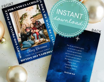 May include: Christmas card with a family photo on the front, featuring the text "Merry Christmas" and "Instant Download." The back of the card has a blue starry night design with a Bible verse.
