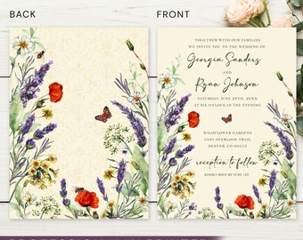 Wildflower Wedding Invitation Printed, Personalized Wildflower Invite, Bridal Shower Invitation, Boho Invite, Poppy Invite, Floral, Rustic