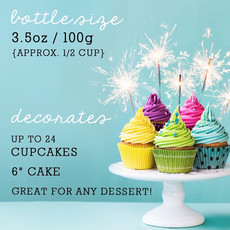 Infographic showing a 3.5oz bottle of sprinkles decorates 24 cupcakes or one 6 inch cake against a teal background. Luxury Birthday Sprinkles Custom Sprinkles Cake Sprinkles Cupcake Décor Rocket Birthday Décor Space Sprinkles
