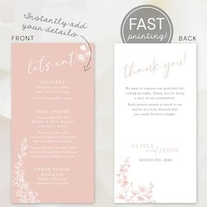 Printed Wedding Menu Card Blush Pink Floral Reception Dinner Menu Wedding Day Place Setting Wedding Stationery Table Decor Rose Gold Wedding