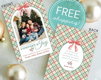 Religious Christmas Card: Gingham Bow Family Photo, Good Tidings Luke Scripture