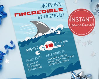 Shark Birthday Invitation Template Custom Shark Fin Party Invite Boy Birthday Shark Party Theme Party Invite Shark Birthday Instant Download
