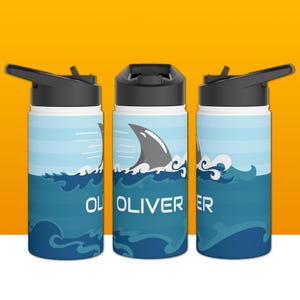 Personalized Kids Shark Water Bottle Gift for School Sports Stainless Steel Bottle Straw Leak Proof School Supply Shark Name Water Bottle