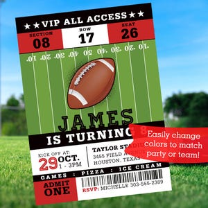 Football Ticket Invitation Printed Party Invitation Sport Theme Birthday Party Game Day Event Planning Custom Design Stadium Ticket Invite