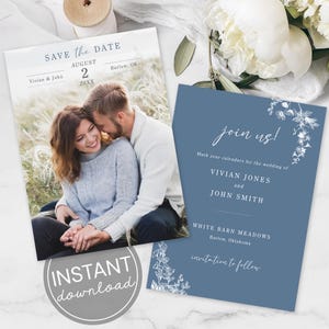Wedding Save the Date Template Floral Design Blue Pattern Custom Editable Photo Card Instant Download Save Our Date Photo Invitation DIY