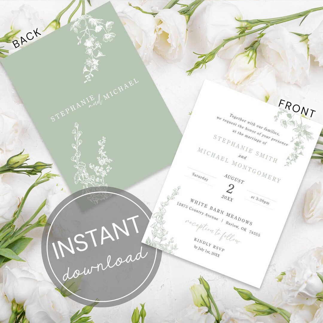 Sage Green Wedding Invitation Template Floral Design Custom Editable ...