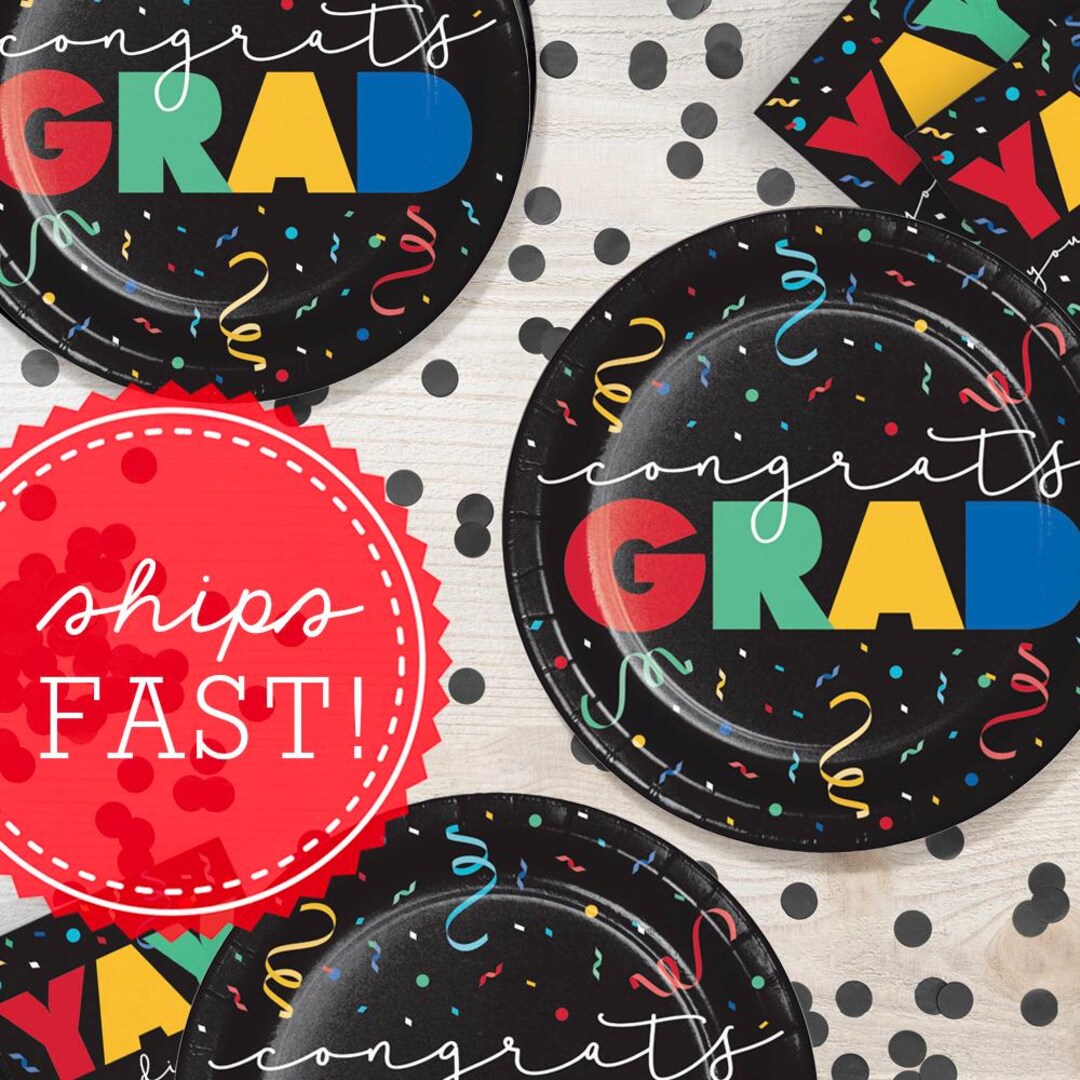 Colorful Congrats Grad Dinner Plates, 9 Inch Large Paper Plates, Modern ...
