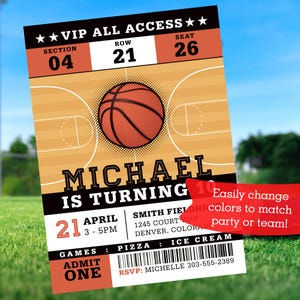 Basketball Ticket Invitation Printed Party Invitation Sport Theme Birthday Party Game Day Event Planning Custom Design Stadium Ticket Invite