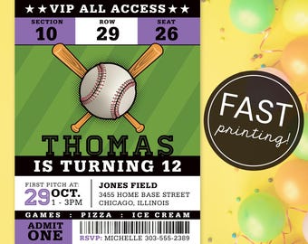 Baseball Ticket Invitation Printed Party Invitation Sport Theme Birthday Party Game Day Event Planning Custom Design Stadium Ticket Invite