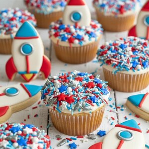 Vanilla cupcakes with white frosting topped with space sprinkles and rocket ship cookies. Luxury Birthday Sprinkles Custom Sprinkles Cake Sprinkles Cupcake Décor Rocket Birthday Décor Space Sprinkles