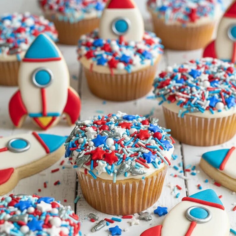 Vanilla cupcakes with white frosting topped with space sprinkles and rocket ship cookies. Luxury Birthday Sprinkles Custom Sprinkles Cake Sprinkles Cupcake Décor Rocket Birthday Décor Space Sprinkles