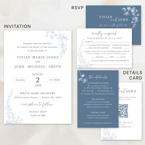 Wedding Suite Template Floral Design Blue Pattern Custom Editable Invitation RSVP & Details Card Instant Download Elegant Botanical DIY