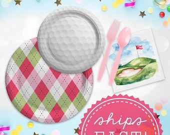 Pink Argyle Golf Party Supplies - Preppy Golf Birthday Tableware Set - Golf Plates, Napkins - Girl Golf Theme Baby Shower Decor - Serves 8