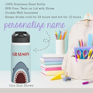 Personalized Kids Shark Water Bottle Gift School Sports Stainless Steel Bottle Shark Head Leak Proof School Supply Shark Name Water Bottle
