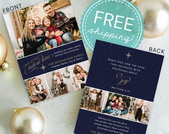 Religious Christmas Card: Navy Gold Family Photo, Matthew Scripture