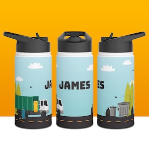 Personalized Kids Garbage Truck Water Bottle Gift for School or Sports Stainless Steel Insulated Bottle with Straw Leak Proof School Supply