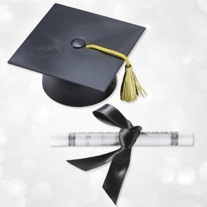 May include: A black mortarboard with a gold tassel and a rolled diploma tied with a black ribbon. The cap has a square top and a circular base. The diploma is white with decorative edges.