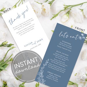Wedding Menu Card Template Floral Design Blue Pattern Editable Dinner Menu Thank You Card Instant Download Blue Floral Reception Table Decor