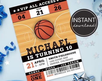 May include: Basketball-themed birthday party invitation with a basketball graphic. The invitation includes the text "MICHAEL IS TURNING 10" and event details. The invitation is an instant download.