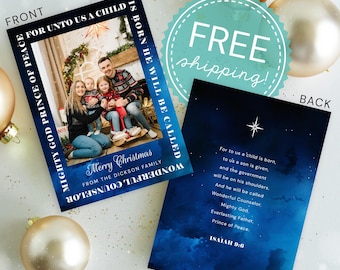 Religious Christmas Card: Starry Night, Family Photo, Isaiah Scripture, Prince of Peace