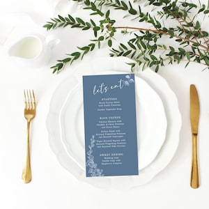 Printed Wedding Menu Card Blue Floral Reception Table Decor Dinner Menu Wedding Day Place Setting Wedding Stationery Table Centerpiece Decor