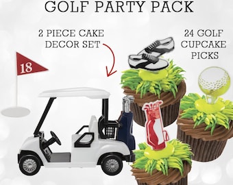 Tort na imprezę w kształcie wózka golfowego, dekoracja na babeczkę golfową, dekoracja urodzinowa, dekoracje na babeczkę golfową, impreza emerytalna dla miłośników golfa