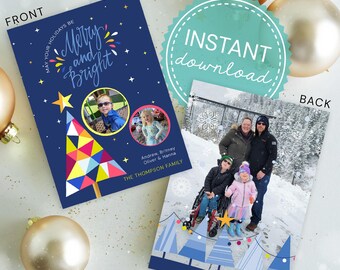 Canva Holiday Photo Card Christmas Cards Personalized Winter Holiday Photo Card Instant Download Merry Bright Colorful Canva Christmas Card