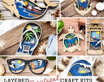 DIY Layered Nautical Craft Kit – 3D Wood Beach Painting Activity – Peel and Stick Summer Vacation Kid Party Favor, Coastal Tiered Tray Decor