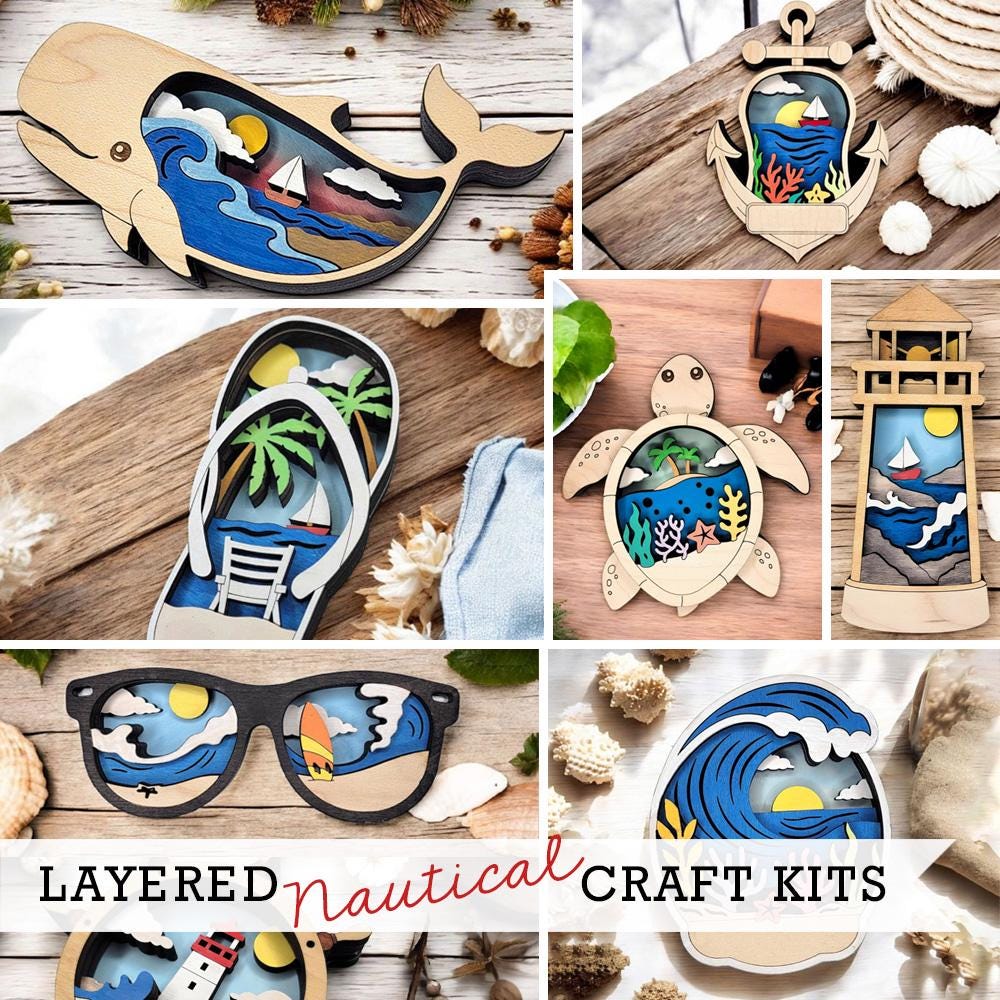 30 DIY Beach Crafts For Kids Perfect On Sunny Days 17 DIY Layered Nautical Craft Kit - 3D Wood Beach Painting Activity -…