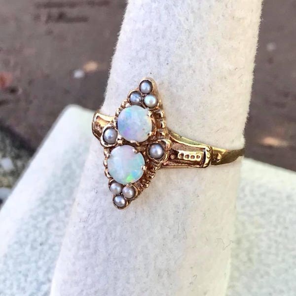 Amazing Victorian Era Solid 14k Yellow Gold Opal and Pearl Navette Ring! Size 8!