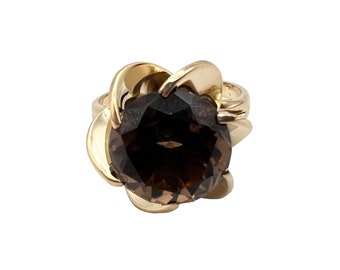 Beautiful Retro Solid 14k Yellow Gold Smoky Quartz Ring! Size 5.25!