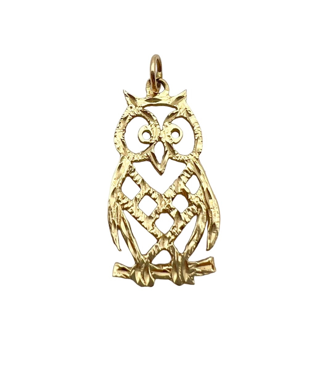 Beautiful Solid 14k Yellow Gold Owl Pendant Charm Free Shipping Etsy