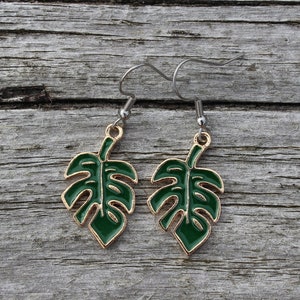 Monstera Leaf Dangle Earrings, Cheeseplant Earrings, Green Leaf Earrings, Retro Earrings, Plant Lover Gifts