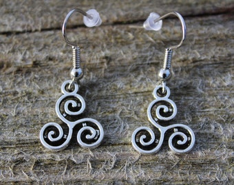 Triskelion Dangle Earrings, Celtic Spiral Earrings, Celtic Spiritual Earrings, Pagan Jewellery